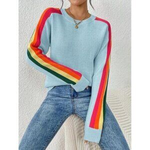Women's Colorful Rainbow Striped Casual Crewneck Sweater Long-SleeveTops